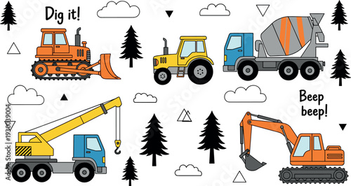 Cute construction vehicles set with bulldozer, excavator, crane and cement mixer illustration
