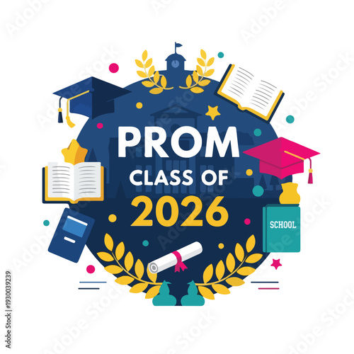 Colorful illustration celebrating a school prom with graduation elements