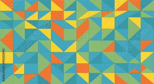 Colorful mosaic, geometric shapes including triangles, and squares