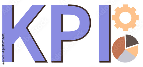 Performance tracking, business analytics, data management, productivity tools, process automation, goal measurement. Bold KPI letters with a gear and pie chart. Business analytics and performance