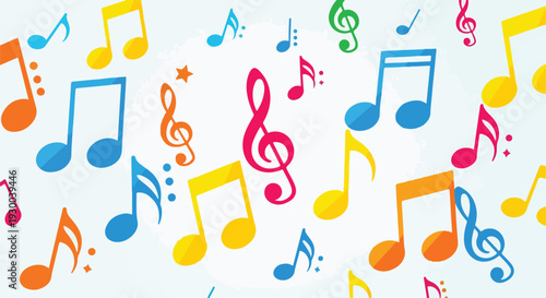 Colorful musical notes and symbols scattered on a white background (1)