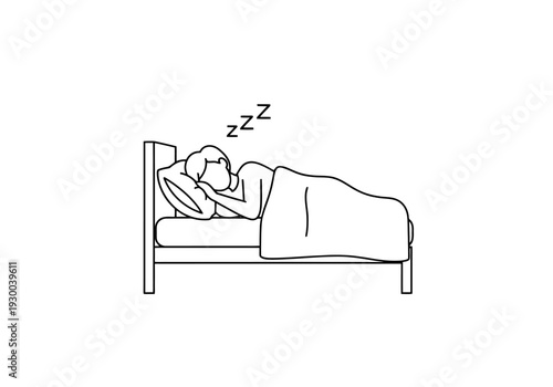 Person sleeping soundly under blanket in bed with Zzz symbol overhead indicating peaceful slumber and deep rest during nighttime hours for healthy