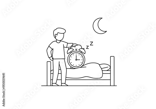 Man silences alarm clock next to bed under crescent moon for early morning wake up routine concept