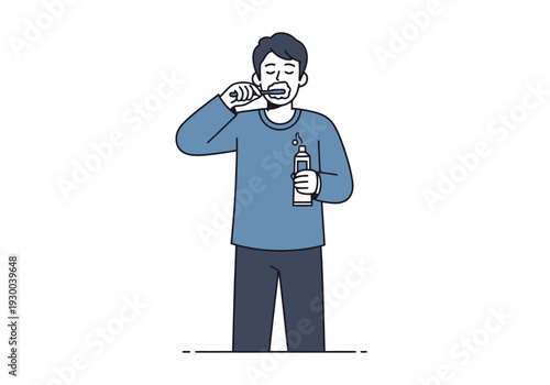 Man Brushing Teeth With Toothpaste And Toothbrush Personal Hygiene Morning Routine Daily Oral Care Health Concept