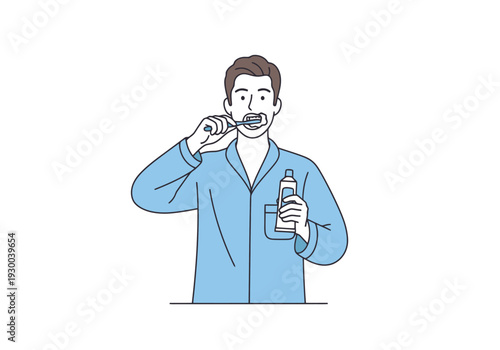 Man In Pajamas Brushing Teeth With Toothpaste Tube And Brush Morning Hygiene Routine Daily Oral Care Healthy Lifestyle