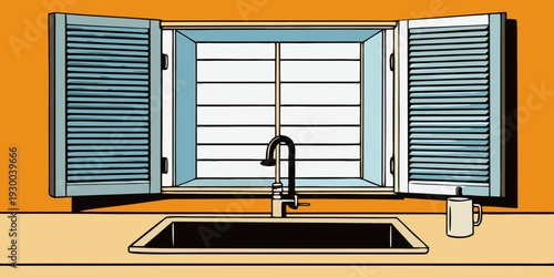 Open plantation shutters and black kitchen sink mixer tap.
