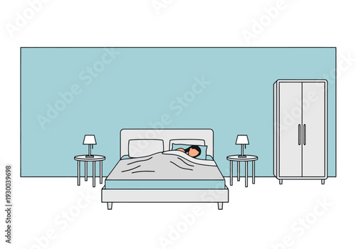 Person resting peacefully in a comfortable bed in a modern bedroom with bedside lamps and wardrobe calm scene for relaxation and sleep concepts