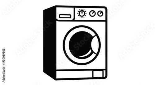 Black and white illustration of a front loading washing machine with control panel
