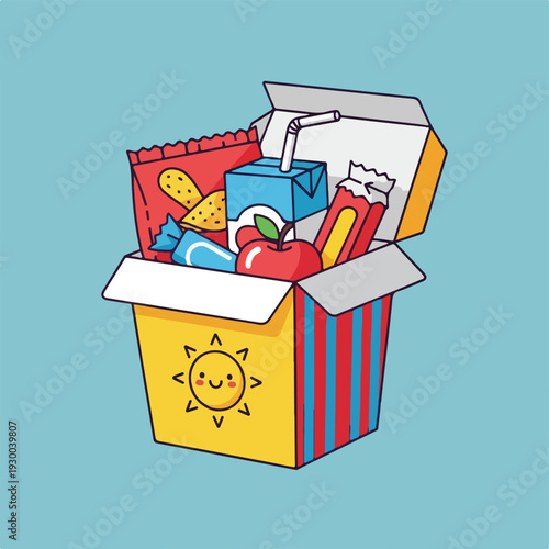 Colorful illustrated box filled with various snacks and drinks
