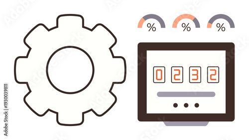 Data analysis, process automation, technology tools, digital management, efficiency tracking, computational systems. A gear icon next to a digital counter with percentage gauges. Data analysis