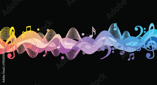Colorful musical notes and wave design on a black background