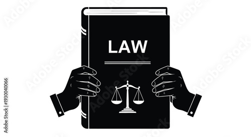 Stylized black and white illustration depicts strong hands firmly holding a thick law book featuring the scales of justice emblem.