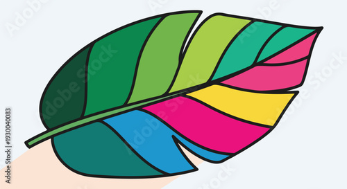 Colorful, stylized leaf illustration with black outlines and segmented parts