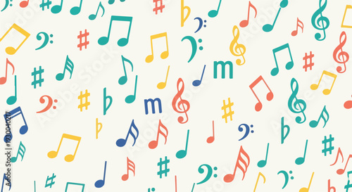 Colorful musical notes, clefs, and sharps on a beige background