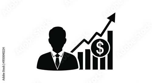 Businessman silhouette icon demonstrating robust financial growth, successful monetary investments, and significant increasing market value achievements.