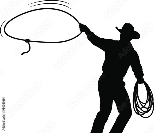 Cowboy with a hat throwing a lasso, a looped rope in mid-air, western skill silhouette
