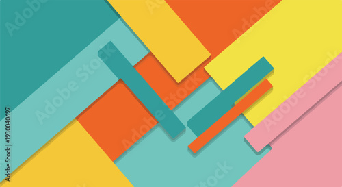 Geometric abstraction featuring layered, colorful shapes with shadows