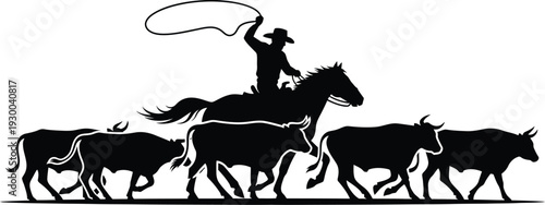 Cowboy on horse herding cattle with lasso in wild west silhouette