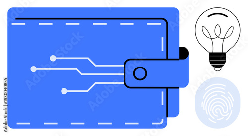 Security, fintech, digital innovation, biometrics, e-wallets, technology concepts. A blue digital wallet graphic, circuit patterns light bulb and fingerprint icon. Security and fintech