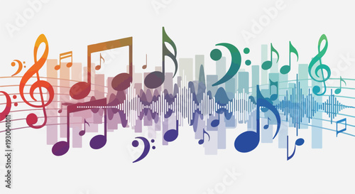 Colorful musical notes and audio waves on a gradient background