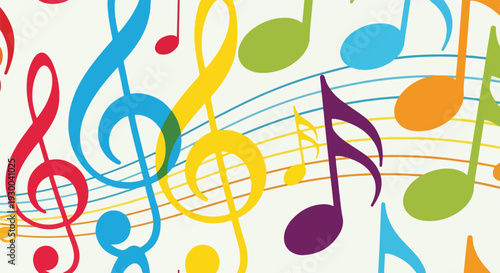 Colorful musical notes and clef symbols with staffs overlay