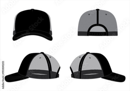 lack trucker hat, isolated background, line art vector. Meshbaseball template in Isolated vector objects on isolated background. Meshbaseball template in Isolated vector objects on isolated background