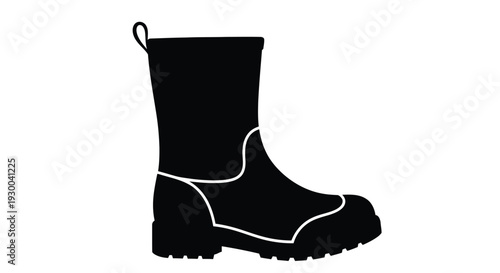 A silhouetted image of a single black boot with a lug sole and pull tab