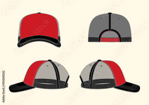 red trucker hat template, isolated background, line art vector template. Meshbaseball template in Isolated vector objects on isolated background. Meshbaseball cap vector template, hat apparel vector.