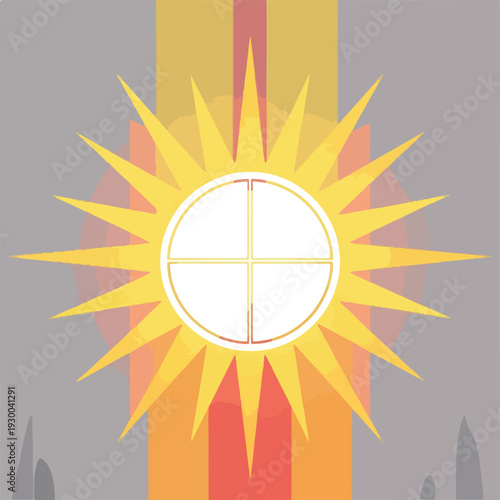 Geometric illustration featuring a sun with ray-like projections and a segmented orb