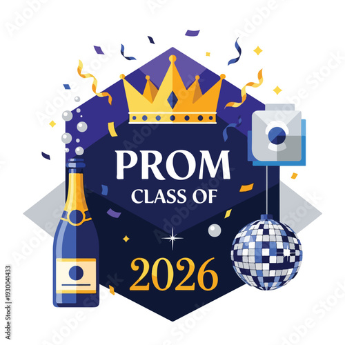 Festive graphic with a crown, champagne, disco ball, and confetti