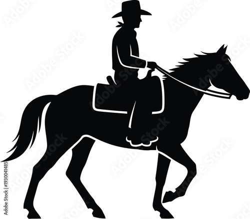 Cowboy silhouette riding horse at walking pace against transparent background