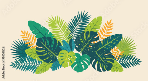 Colorful tropical leaves, arranged in a vibrant semi-circle