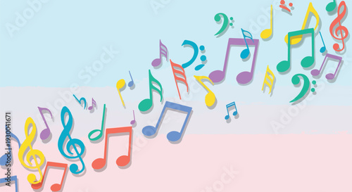 Colorful musical notes floating on a gradient background, representing music