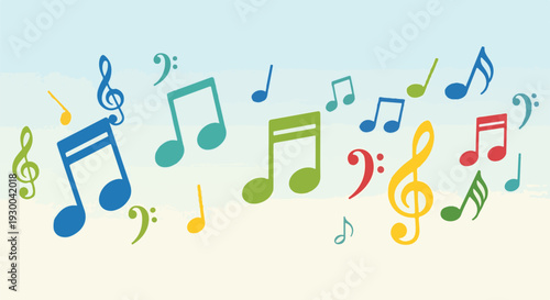 Colorful musical notes floating on a light blue and beige backdrop