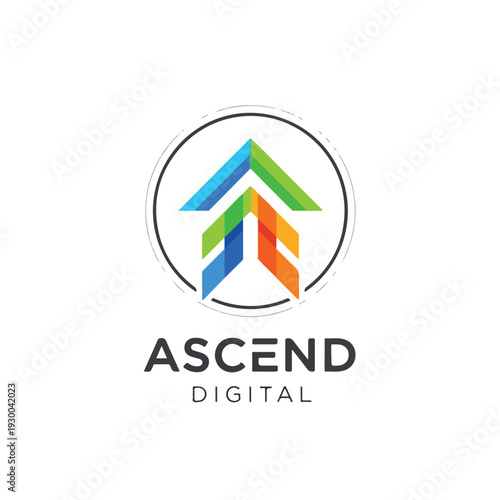 Free Download Colorful upward-pointing arrows inside a circle, with accompanying text below - GFXLoad