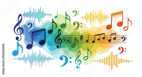 Colorful musical notes and sound waves, representing melody and rhythm