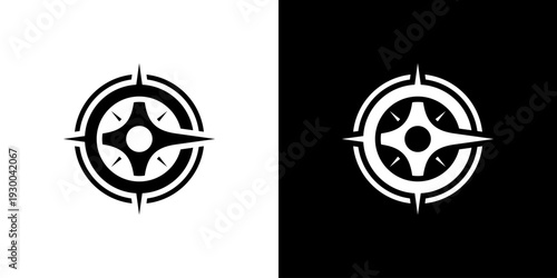 Dual meaning logo combining steering wheel and compass, circular form merging navigation and direction to symbolize control, guidance, and journey. 