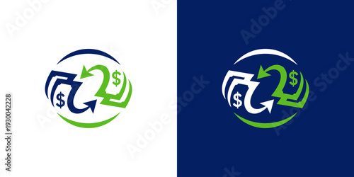 Dual meaning logo combining cash and arrow cashback concept, currency shape integrated with a returning arrow symbolizing refund, savings, and financial benefits. Simple, modern, professional