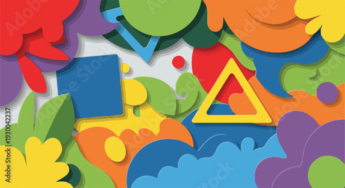 Colorful, layered, abstract composition of shapes and forms