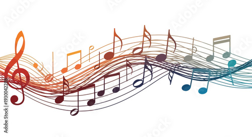 Colorful musical notes and staff lines flowing across a white background (1)