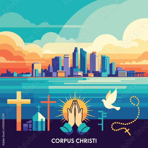 Colorful illustrated cityscape with religious symbols, including crosses and praying hands