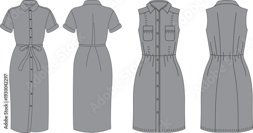 Technical fashion illustration for designers that shows front and back perspectives of a sleeveless shirt dress