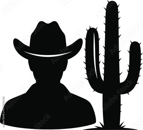 Western desert scene with cowboy and saguaro cactus, wild west landscape, simple vector illustration