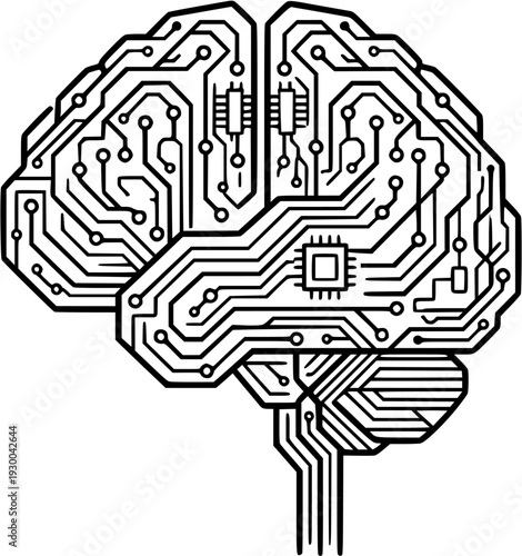 AI brain circuit outline vector illustration isolated on transparent background