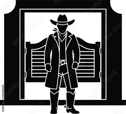 Full body cowboy silhouette standing in saloon doorway western theme