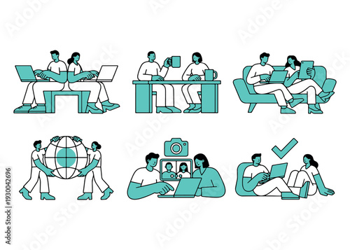 Team of people working together on laptops and discussing project, remote work