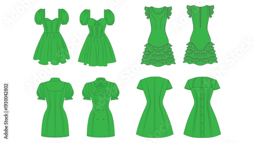 vector illustration of a set of green fashion dresses