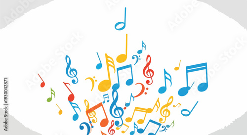 Colorful musical notes floating on a white background with a textured border