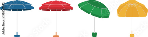 Colorful beach umbrellas set isolated on white background, blue red green and yellow parasols with stands, summer outdoor shade equipment collection