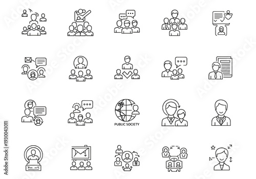 Editable stroke society icons featuring people and social structures